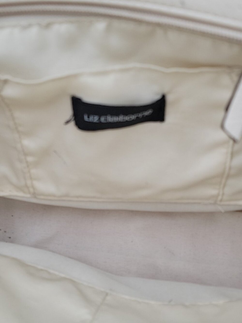 VintageLiz Claiborne Geometric Satchel Tote Bag Cream Taupe Canvas Faux Leather - Picture 5 of 16